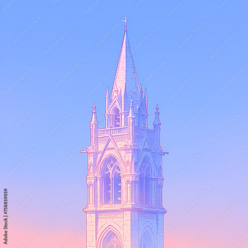 Stunning Minimalist Depiction of Gothic Architecture Under the Glowing Sunset Sky