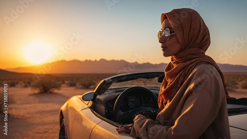 A hiyab-wearing woman taking a break from driving her sports car to admire the stunning desert scenery