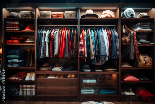 All things are folded neatly. Many boxes. Wardrobe with perfect order clothes in blue and light shades on the hangers and things in containers. The concept of organizers and cleanliness in the house photo
