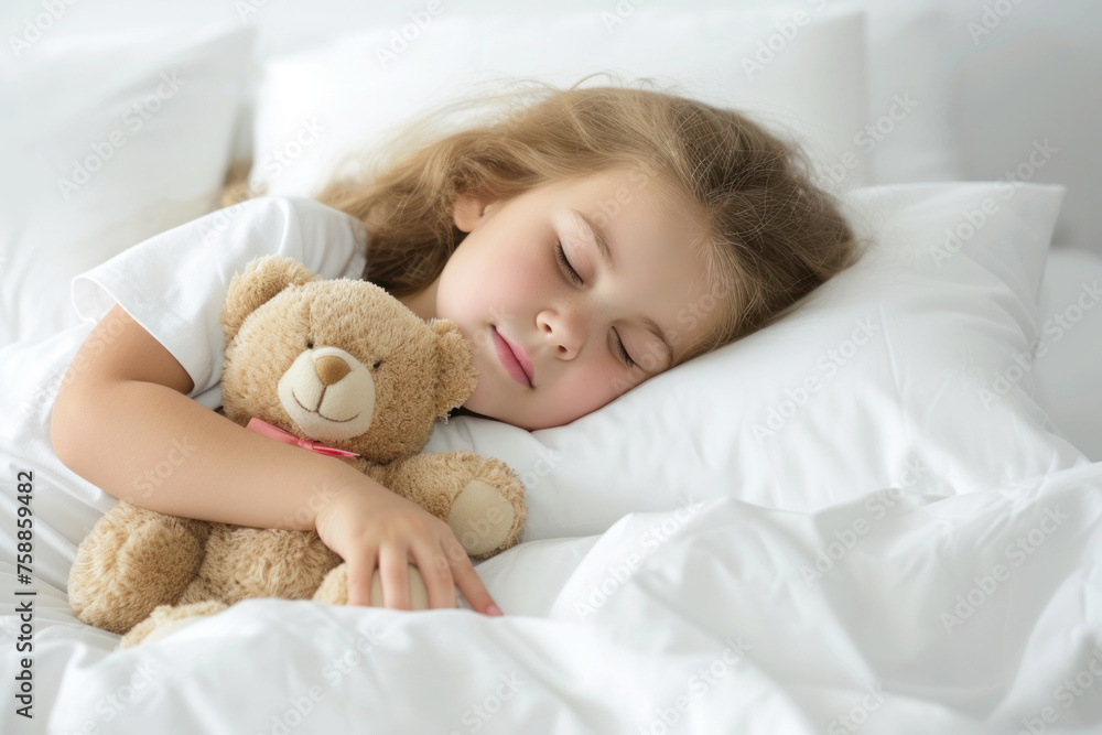 Cute little girl sleeping in bed with teddy bear, isolated on white Cute little girl sleeping in bed with teddy bear, isolated on white