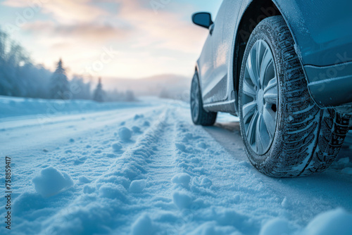 Car wheel on snow in winter landscape