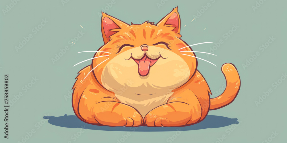 Fototapeta premium Cute fat orange cat stretched his cheeks and shows tongue. Cartoon style.