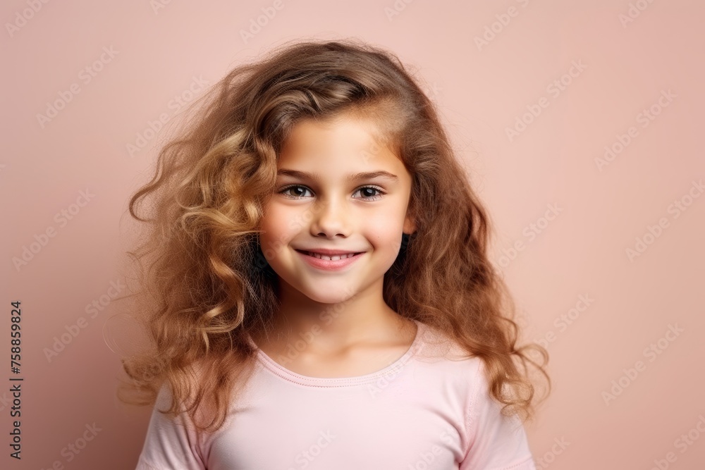 Portrait of a beautiful little girl with long curly hair over pink background Portrait of a beautiful little girl with long curly hair over pink background