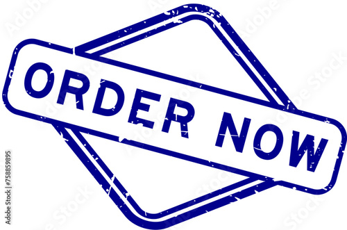 Grunge blue order now word rubber seal stamp on white background