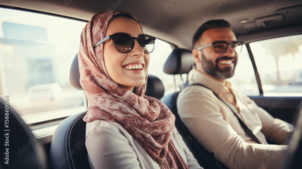 Smiling middle eastern woman driving with partner in passenger seat. Smiling middle eastern woman driving with partner in passenger seat.