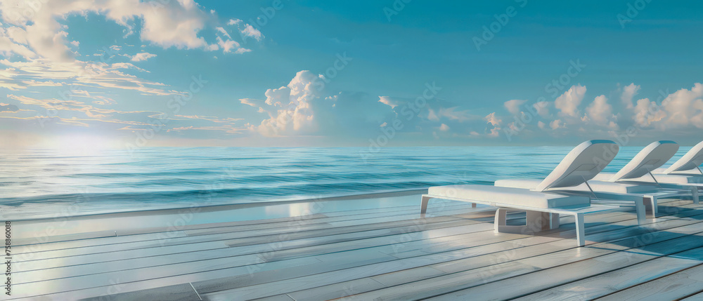 Beach scene with a white lounge chair on the deck, clouds and the ocean ...