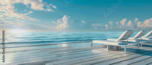 Beach scene with a white lounge chair on the deck, clouds and the ocean