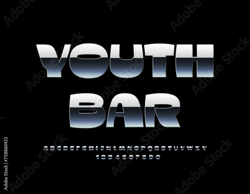 Vector trendy poster Youth Bar. Cool Steel Font. Modern Alphabet Letters and Numbers set.