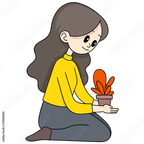 cartoon doodle illustration of women's activities, girl is sitting looking at a plant in a pot