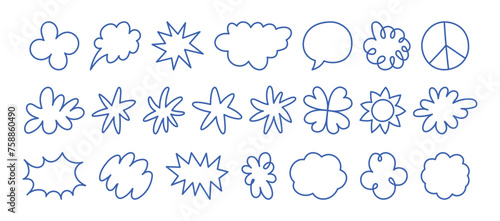 Vector set of stickers, scribbles and doodles in simple linear hand drawn style with copy space, minimal monoline design elements for posters, social media, print, banners