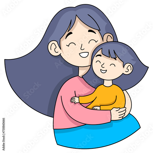 mother's day cartoon doodle illustration, mother and daughter hugging happily