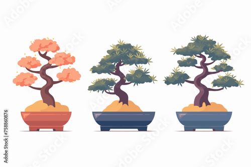 Set of bonsai Japanese trees grown in containers. Decorative little tree vector illustration. Nature art