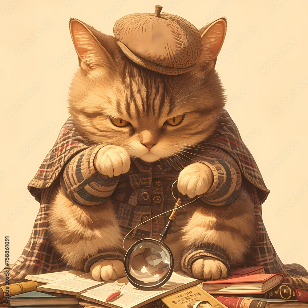 Determined feline Sherlock Holmes lookalike investigates a mysterious case with keen eyes and unwavering focus. A perfect fit for advertising detective agencies or mystery-themed products! - obrazy, fototapety, plakaty 