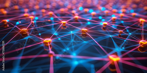 Futuristic digital mesh network with glowing nodes and lines on a dark background 