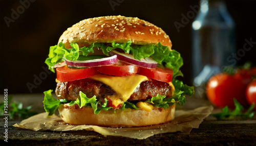 Closeup of a big burger with meat, cheese, salad, onion and tomatoes on an old wooden table with copy space. Dark background.