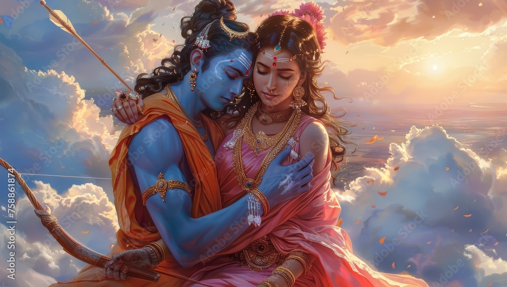  Lord Ram with his wife Sita, hugging each other in the sky on clouds. - obrazy, fototapety, plakaty 