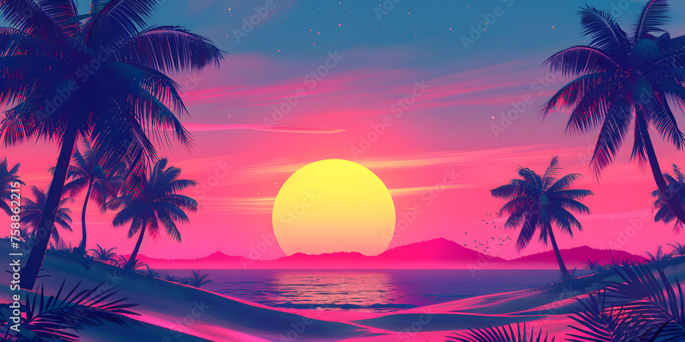 Retro-futuristic sunset, a synthwave landscape with palm silhouettes and gradient sky