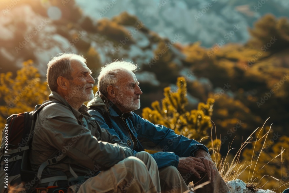 Senior men resting on a meadow during the mountain hike Senior men resting on a meadow during the mountain hike