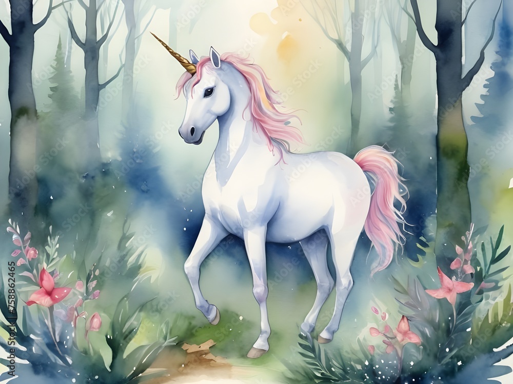 Magical forest with unicorns. Cute watercolor illustration