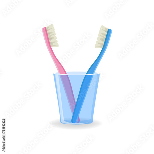 Toothbrush and cup icon set family pink blue set in a glass cup. Vector illustration
