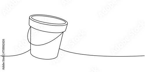 Water bucket, plastic basin, cleaning bowl one line continuous drawing. Cleaning service tools continuous one line illustration. Vector illustration.