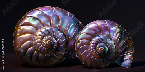 Ultra-sharp 3D Fibonacci spiral shells with a pearlescent finish  set against a dark void 