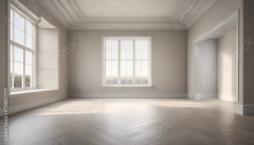 Empty room with arched window and shiplap flooring  Corner of an empty room with beige walls a wooden floor and two sizable windows offering a pleasant view a mockup  Generative AI