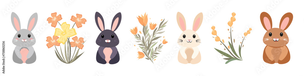 Set of flat children's illustrations of rabbits with plant elements, flowers. Vector hares for cards and banners isolated from background. Baby rabbits Set of flat children's illustrations of rabbits with plant elements, flowers. Vector hares for cards and banners isolated from background. Baby rabbits