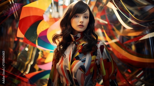 A captivating image of a girl model in a classic outfit, standing amidst a vibrant burst of intersecting lines and shapes.