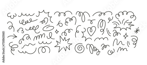 Vector set of stickers, scribbles and doodles in simple linear hand drawn style with copy space, minimal monoline design elements for posters, social media, print, banners.