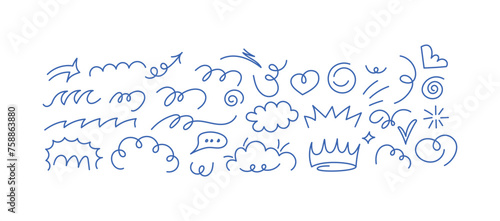 Vector set of stickers, scribbles and doodles in simple linear hand drawn style with copy space, minimal monoline design elements for posters, social media, print, banners.