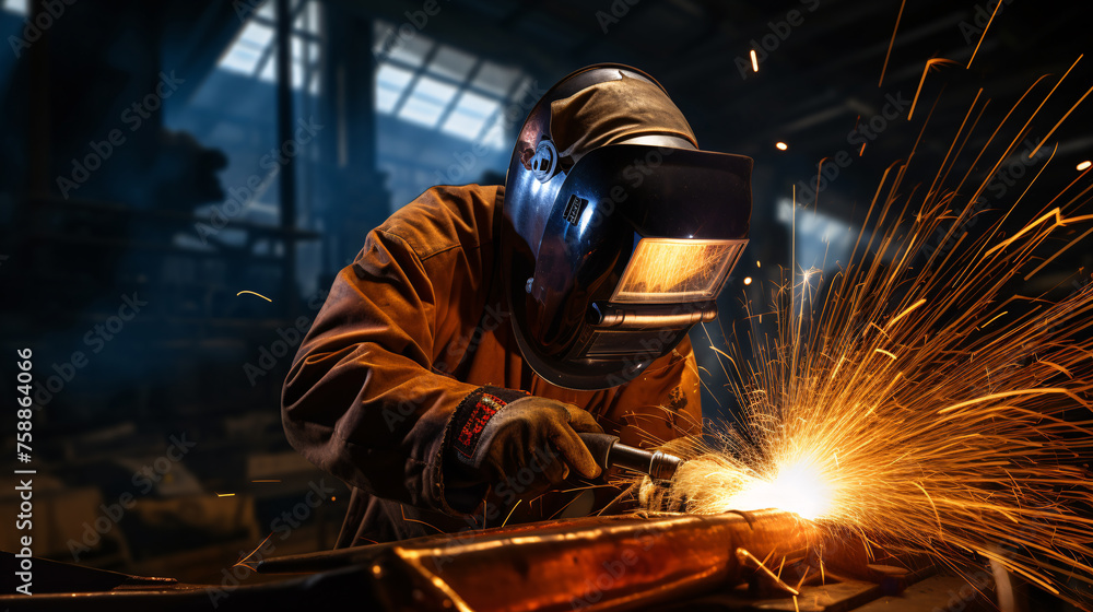 Worker performing welding tasks. Worker performing welding tasks.