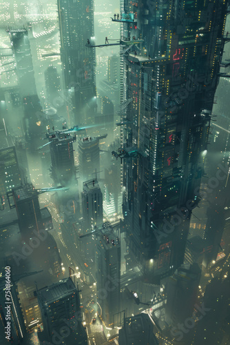 Futuristic cityscape at night, with illuminated skyscrapers and flying vehicles. The scene depicts a dense urban environment with a cyberpunk aesthetic.