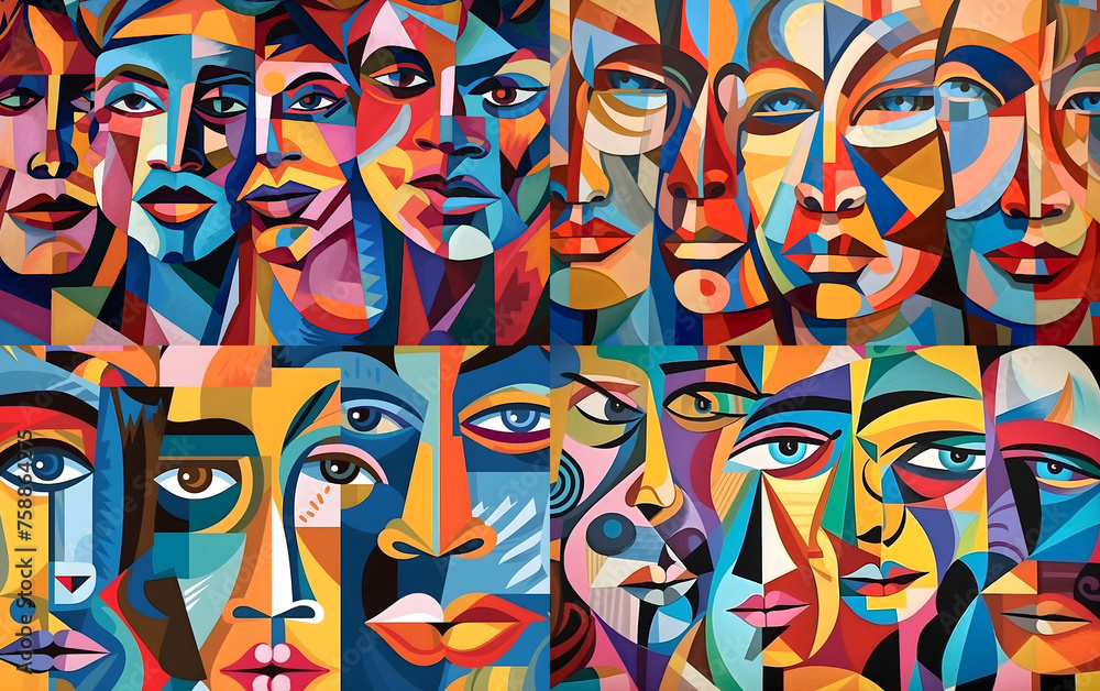 Colorful faces merge in dynamic cubist style Colorful faces merge in dynamic cubist style