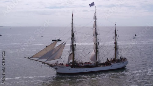 Aerial view of big tall ships at calm sea, Harlingen, Netherlands photo