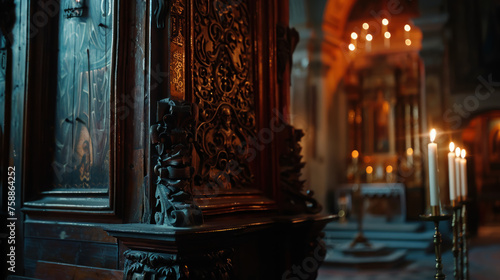 Wide-angle view from the back of a soaring Gothic cathedral interior, rows of stone columns receding into the distance, stained glass windows casting intricate patterns of colored light,