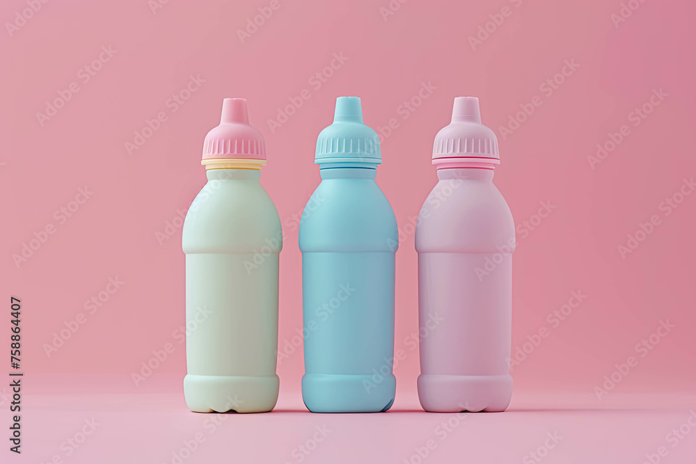 Three Different Colored and Shaped Water Bottles In The Style of Pastel Goth. Original 3D Minimalist Bottle Concept Three Different Colored and Shaped Water Bottles In The Style of Pastel Goth. Original 3D Minimalist Bottle Concept