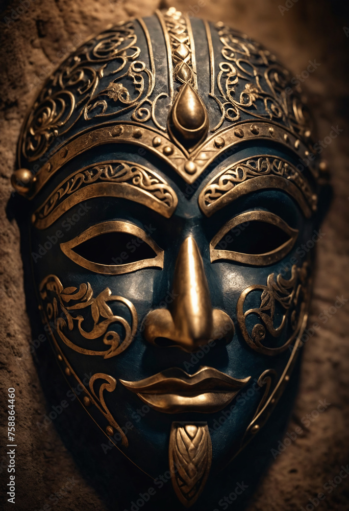 Mysterious ancient mask, with light and shadow playing over intricate textures, evoking a cinematic feeling