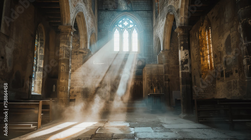 Dutch angle view along the nave of a rustic medieval church, rough stone walls with deep shadows, a shaft of light from a high window illuminating swirling dust motes, photo