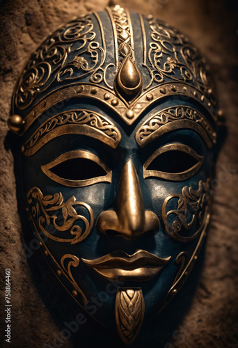 Mysterious ancient mask, with light and shadow playing over intricate textures, evoking a cinematic feeling © Giuseppe Cammino