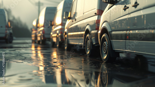 Water droplets glisten on the street as a line of vans reflect the light, capturing a moment of stillness after rain. © VK Studio