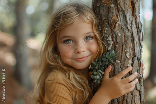 Childhood Innocence, Girl hugging tree in forest, Natural Connection photo