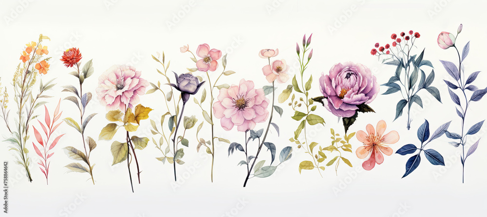  Collection of watercolor soft flowers Isolated on white background