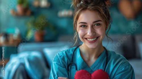 Healthcare Professional, Smiling woman with heart gesture, Compassion in Healthcare photo