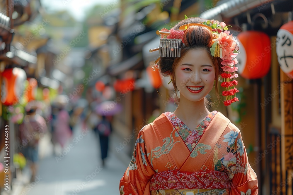 Woman in Kimono Smiling for Camera