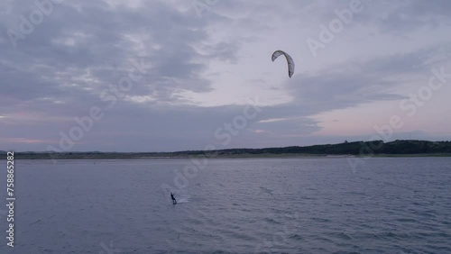 Aerial view of kitesurfing on the Waddenzee during sunset, Terschelling