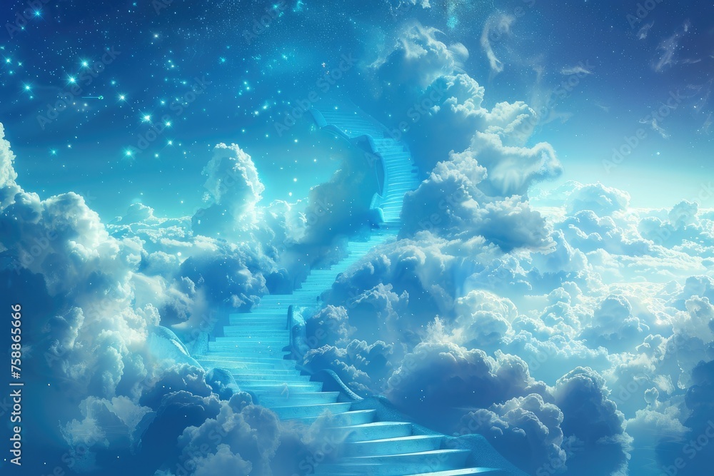 An abstract image of a staircase twisting up into the sky, merging with clouds and stars. It represents a journey into the unknown realm of thought. by AI generated image An abstract image of a staircase twisting up into the sky, merging with clouds and stars. It represents a journey into the unknown realm of thought. by AI generated image
