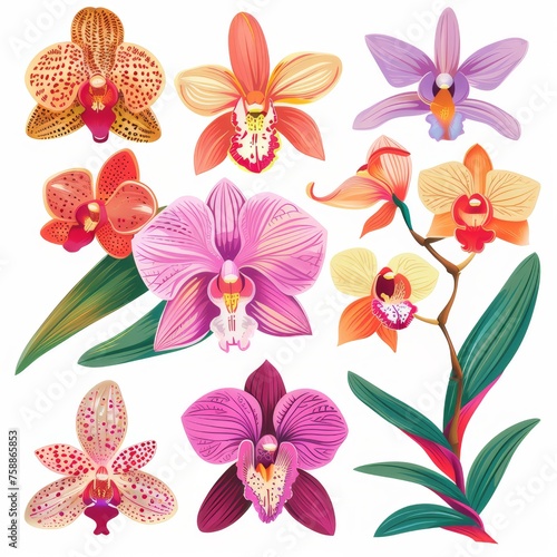 Clip art illustration with various types of orchid 
on a white background. photo