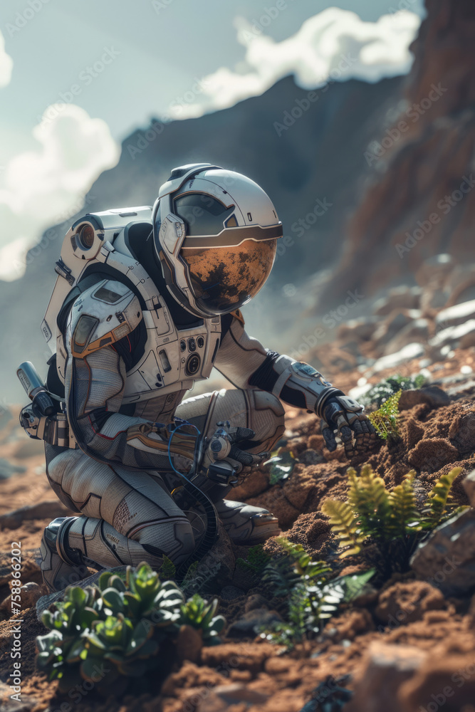 An astronaut in a detailed space suit is kneeling on a rocky, Mars-like terrain with sparse greenery under a bright sunlit sky, resembling a scene from a space exploration mission. An astronaut in a detailed space suit is kneeling on a rocky, Mars-like terrain with sparse greenery under a bright sunlit sky, resembling a scene from a space exploration mission.