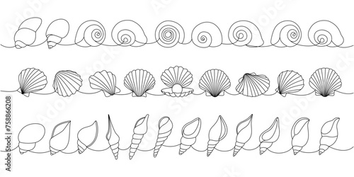 Underwater shells set. Sea shells, mollusks, scallop, pearls. Tropical underwater shells continuous one line illustration.